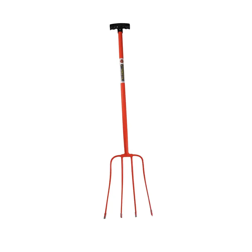 Orange metal caldwells prong tubular muck fork with black plastic handle and white label near the top