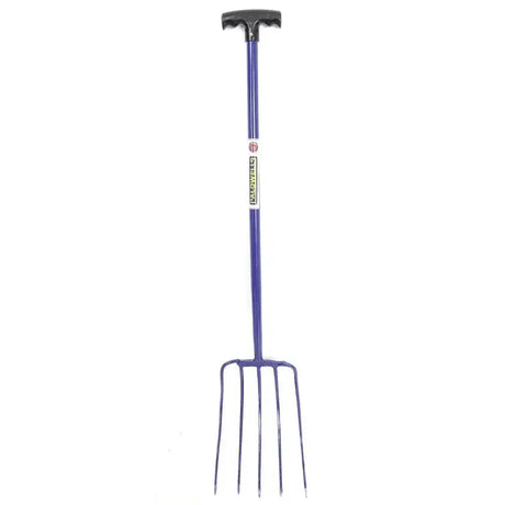 Purple metal caldwells 5 prong tubular muck fork with black ergonomic handle and four tines for garden use
