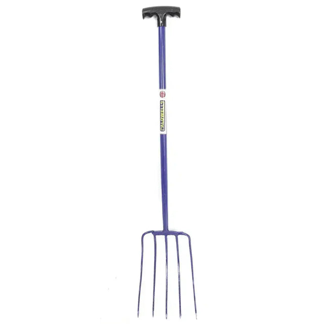 Purple metal caldwells 5 prong tubular muck fork with black ergonomic handle and four tines for garden use