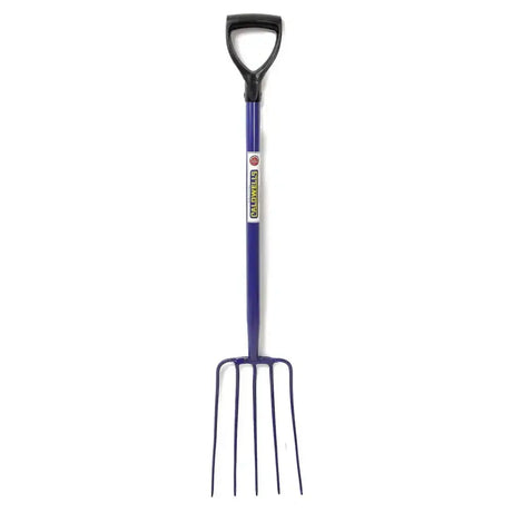 Purple metal caldwells 5 prong tubular muck fork pyd with black d-shaped handle and hallowells brand label