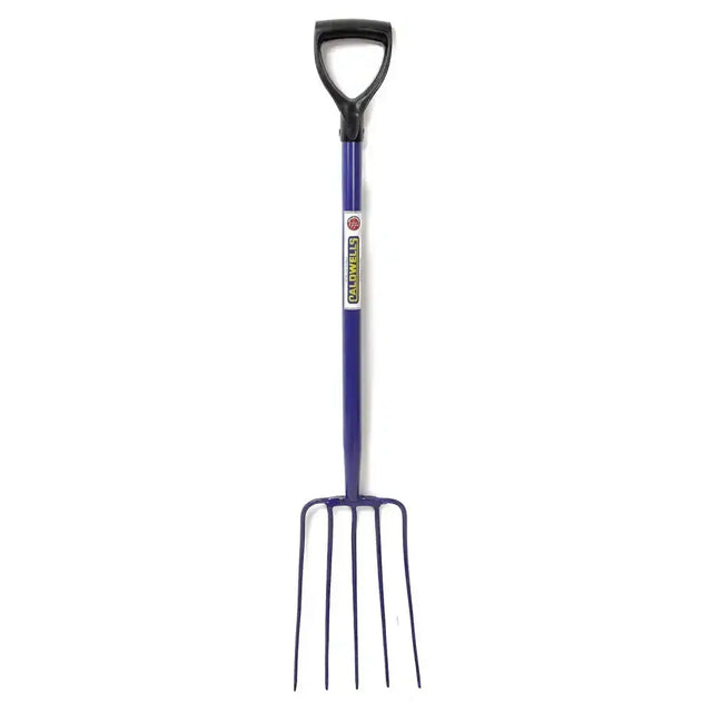 Purple metal caldwells 5 prong tubular muck fork pyd with black d-shaped handle and hallowells brand label