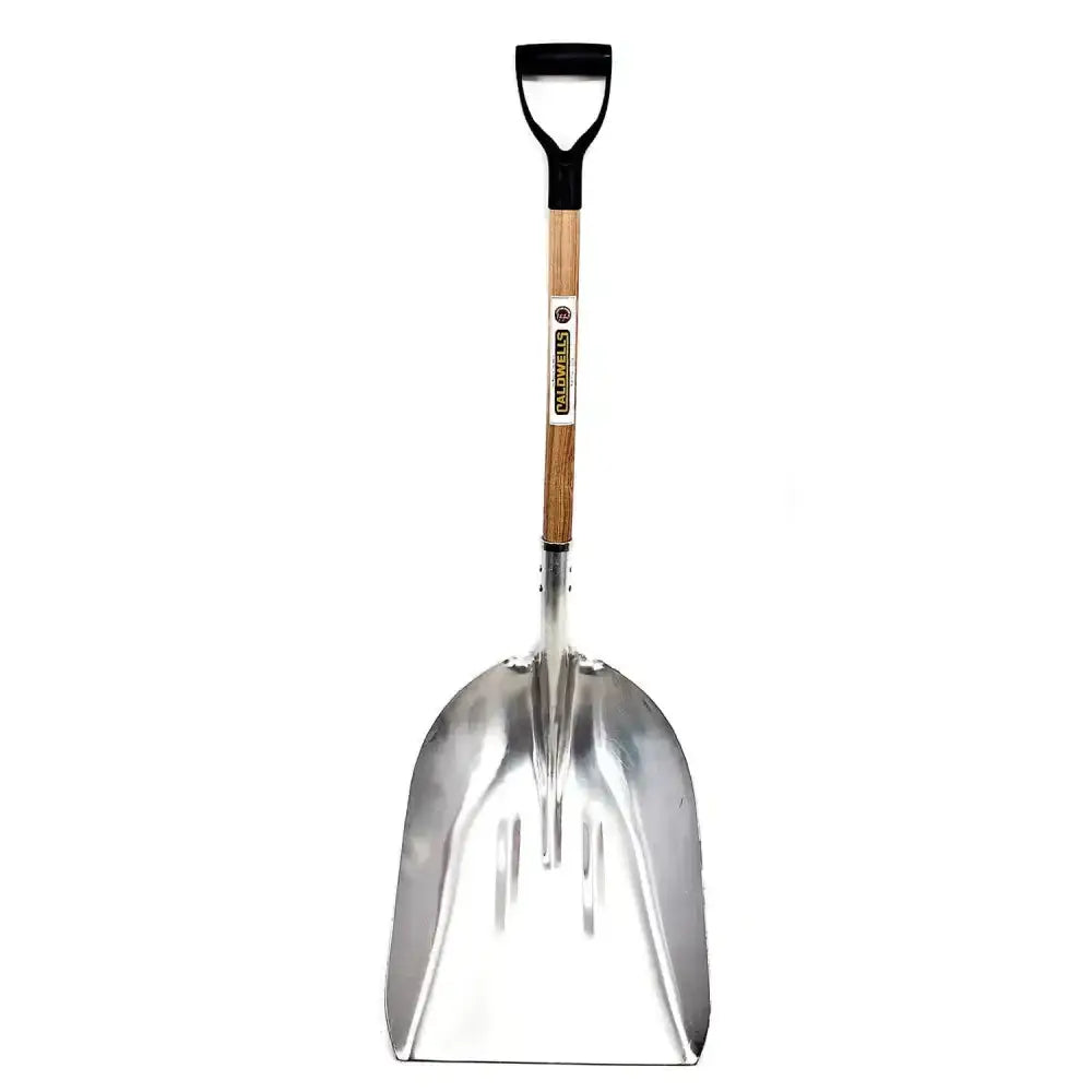 A caldwells aluminium grain scoop with a sturdy aluminium shovel head, wooden handle, and black plastic grip made of hardened material formulated