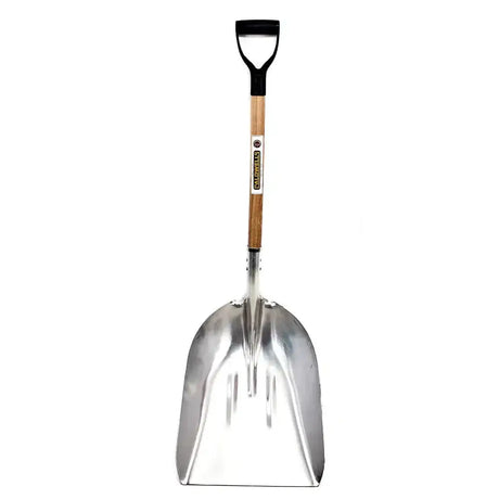 A caldwells aluminium grain scoop with a sturdy aluminium shovel head, wooden handle, and black plastic grip made of hardened material formulated