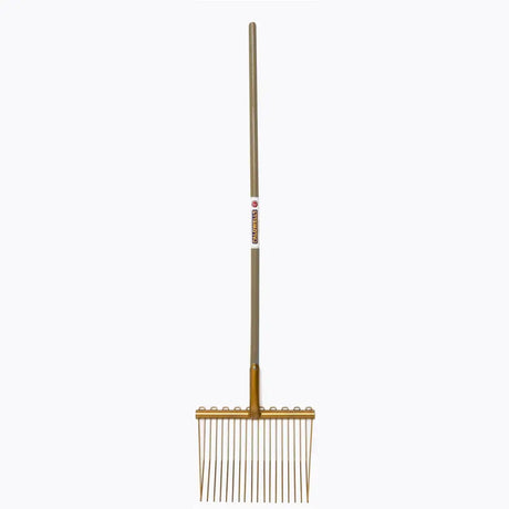 Gold-colored metal caldwells bedding fork long handle with evenly spaced tines ideal for cattle sheds use