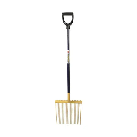 Black-handled caldwells bedding fork pyd with yellow metal head and thin tines perfect for lightweight use
