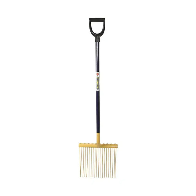 Black-handled caldwells bedding fork pyd with yellow metal head and thin tines perfect for lightweight use