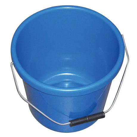 Blue plastic calf feeding bucket 5 lt with galvanised metal handle and black grip for easy carrying buckets and bowls