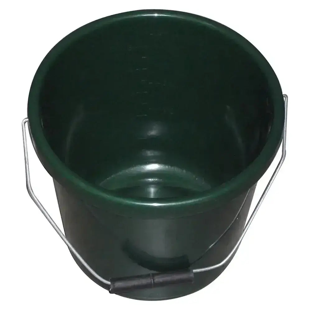 Dark green calf feeding bucket 5 lt with galvanised metal handle and black rubber grip for easy carrying