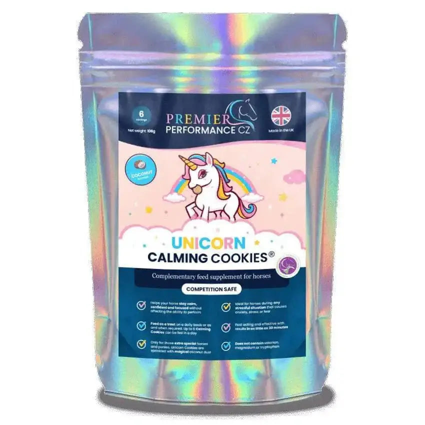 A holographic pouch of unicorn calming cookies featuring a cartoon unicorn and rainbow, competition safe and free of prohibited substances