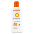 White bottle of calypso sun lotion f50 with orange cap and label featuring spf 50 protection for sun care