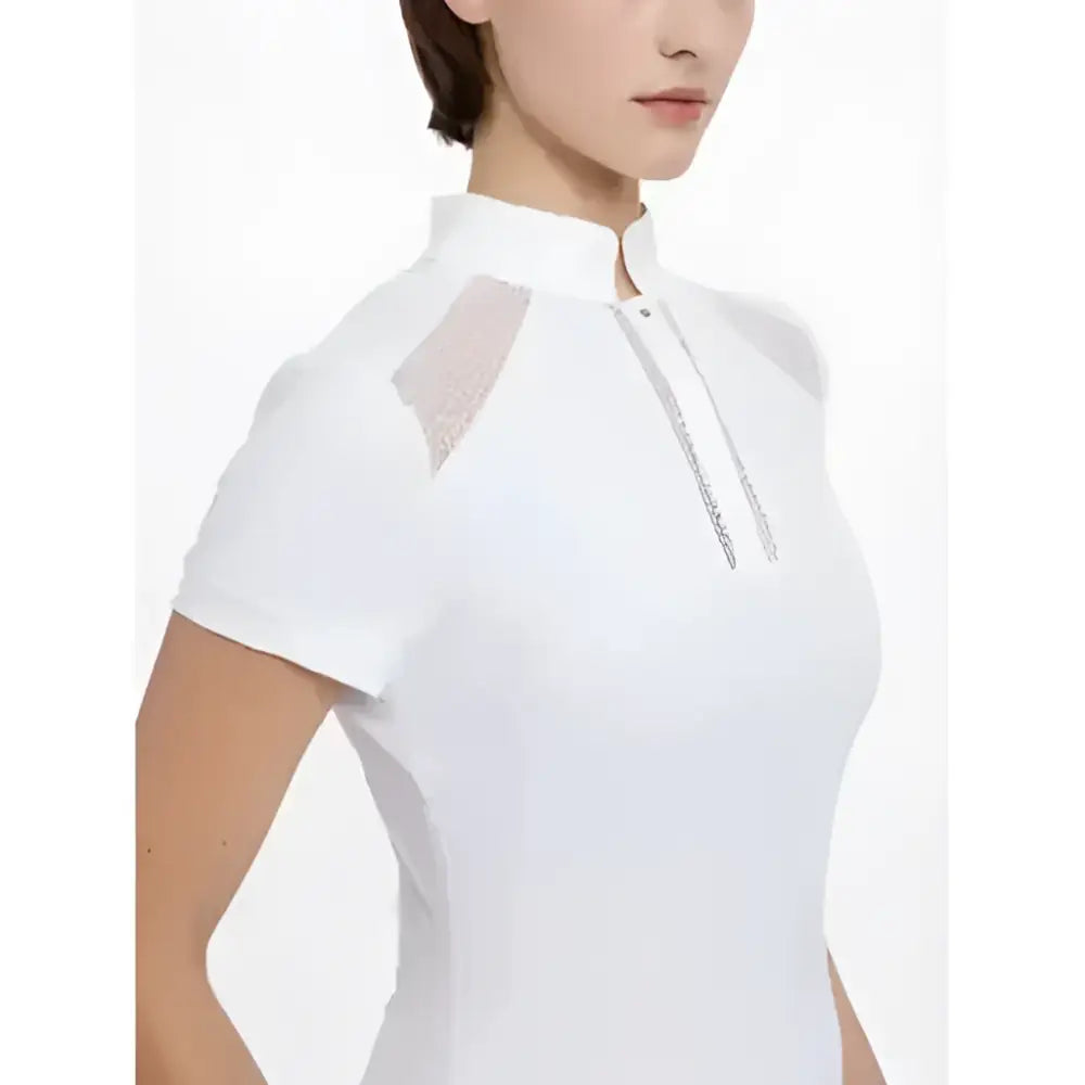 White camille short sleeve polo shirt with sheer mesh panels and zipper collar detail for a stylish look
