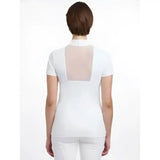 Back view of camille short sleeve white top with sheer mesh panel perfect for stylish casual wear