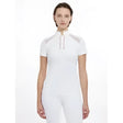 White camille short sleeve athletic top with high collar and gray shoulder panels for active wear