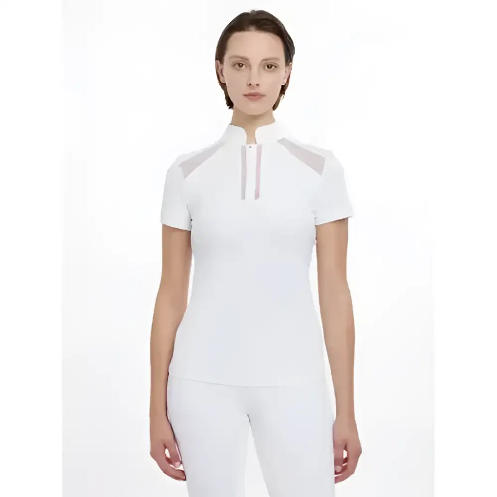 White camille short sleeve athletic top with high collar and gray shoulder panels for active wear