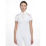 White camille short sleeve athletic top with high collar and gray shoulder panels for active wear
