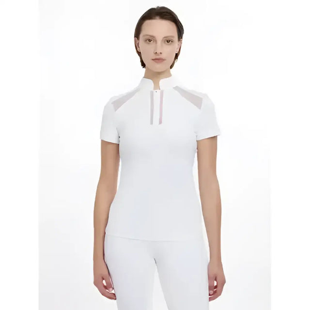White camille short sleeve athletic top with high collar and gray shoulder panels for active wear