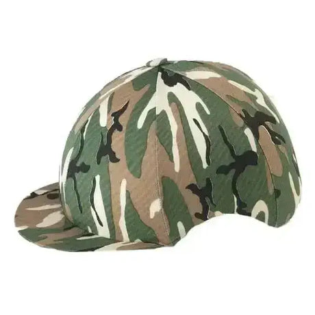 A classic camouflage lycra riding hat cover with flat brim in green brown and beige tones for riding hat covers