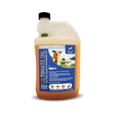 A 1-liter bottle of k9 elite products canine ultimate oil with amber liquid and high quality oils for healthy nutrients