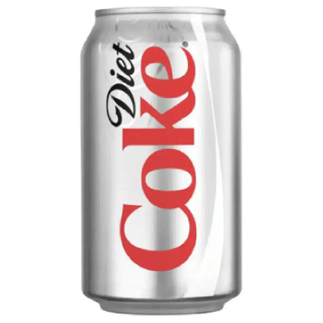 A silver aluminum canned drinks coke can with bold red coke lettering and black cursive diet script on front