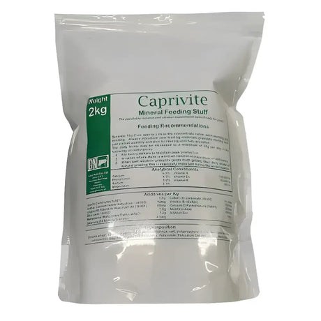 A white resealable bag of caprivite vitamin mineral feed with unique apple flavouring for goats