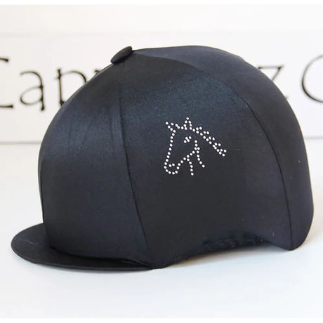 Black lycra diamondz cap cover with sparkling white rhinestone horse head design for capz diamondz cap