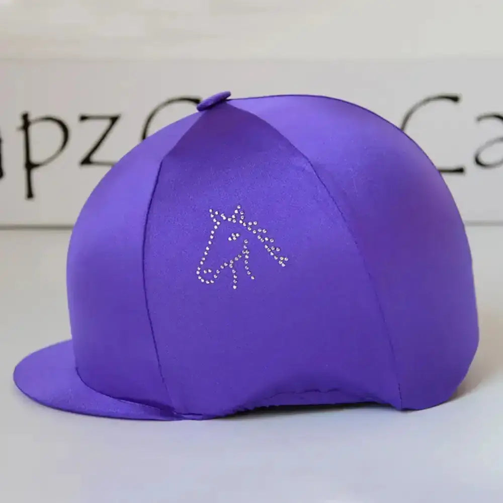 Purple satin lycra horse head equestrian helmet cover with sparkling rhinestone design capz diamondz cap cover