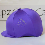 Purple satin lycra horse head equestrian helmet cover with sparkling rhinestone design capz diamondz cap cover