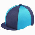 A two-tone blue lycra hat cover with navy and teal panels designed as hat silks with covers two colours