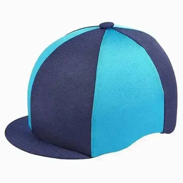 A two-tone blue lycra hat cover with navy and teal panels designed as hat silks with covers two colours