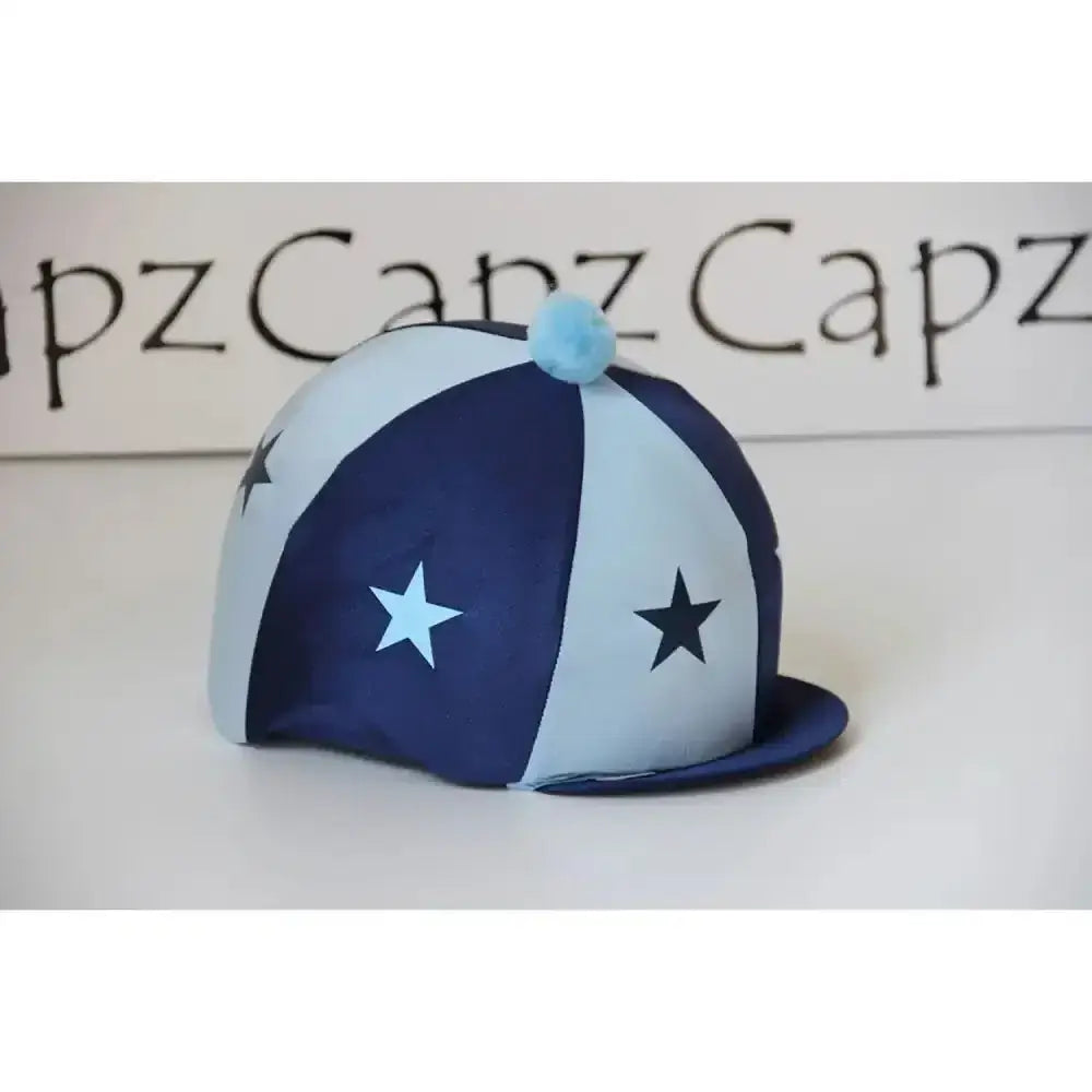 Navy and light blue star patterned capz motif cap cover lycra starz with a matching pom pom on top for horses
