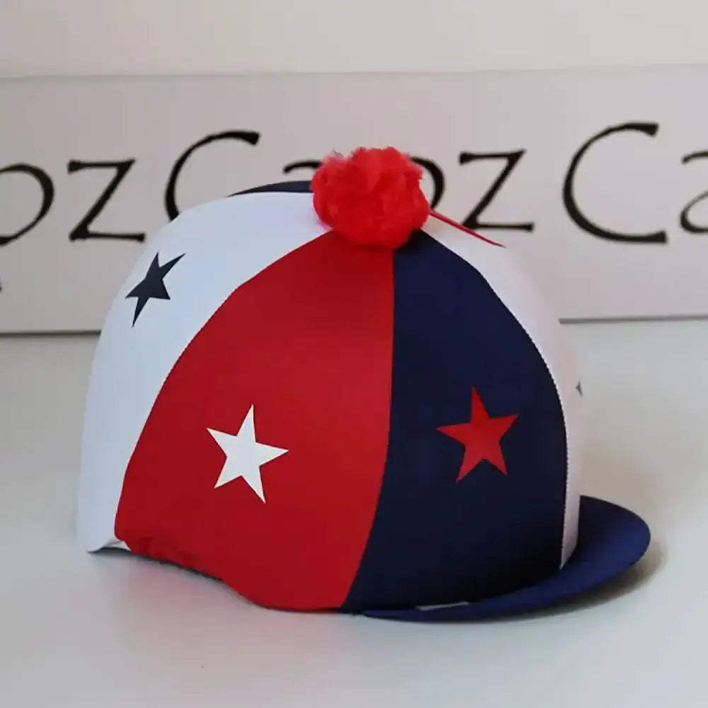 Red white and navy blue star patterned capz motif cap cover lycra starz with red pom pom for horse riding helmets