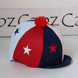 Red white and navy blue star patterned capz motif cap cover lycra starz with red pom pom for horse riding helmets