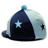 Navy blue and light gray capz motif cap cover lycra starz with fluffy blue pom pom and star appliques on top