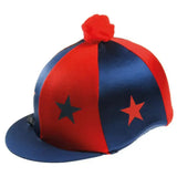 Red and navy blue satin capz motif cap cover lycra starz with red pom pom and contrasting star designs
