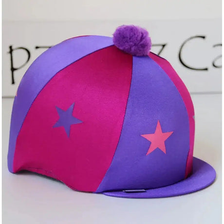 A vibrant purple and pink capz motif cap cover lycra starz with star patterns and a matching pom pom on top