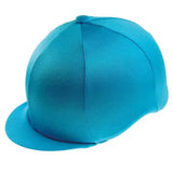Bright turquoise plain hat cover made of stretchy lycra with a smooth satin finish and structured panels for helmets