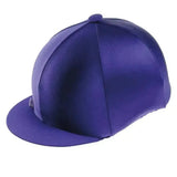 Purple plain hat cover made of stretchy lycra with a smooth satin finish and structured panels for equestrian helmets