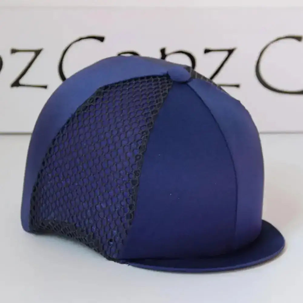 Blue equestrian helmet with black mesh side panel featuring a vented cap cover lycra for versatile use
