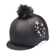 Capz starburst black hat cover in lycra with silver glitter stars and a fluffy black pom-pom on top