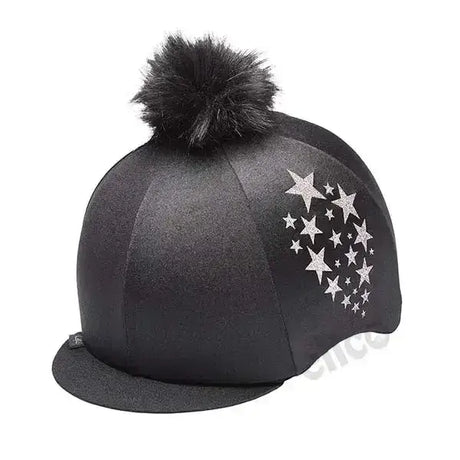 Capz starburst black hat cover with silver glitter stars and fluffy pom-pom perfect for equestrian helmets