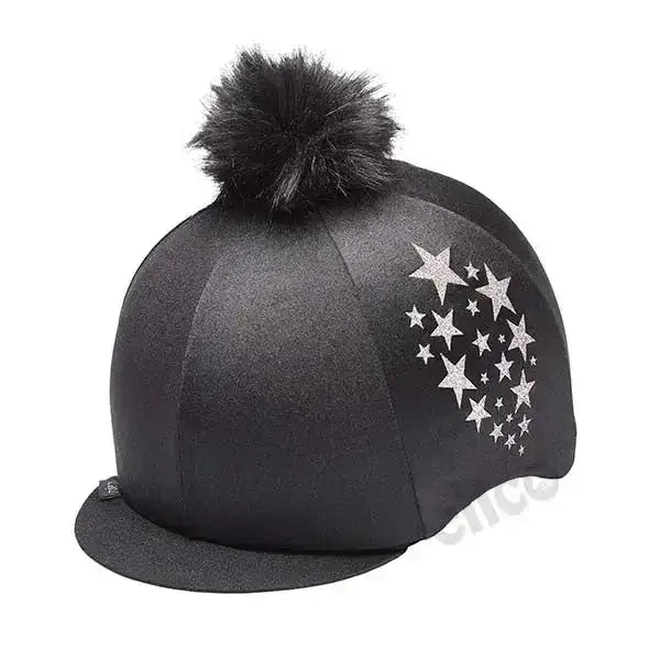 Capz starburst black hat cover with silver glitter stars and fluffy pom-pom perfect for equestrian helmets