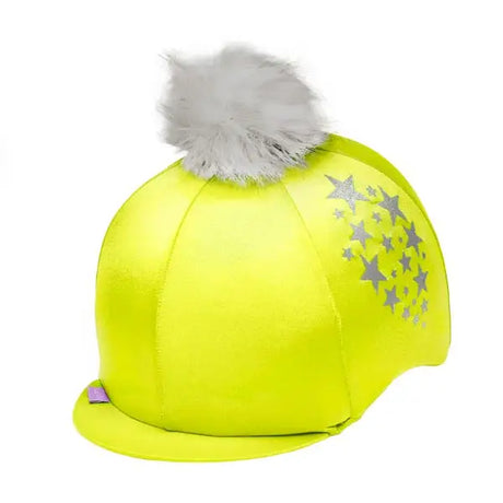 Bright neon yellow equestrian helmet cover with silver stars and gray pom-pom in capz starburst bright reflective style
