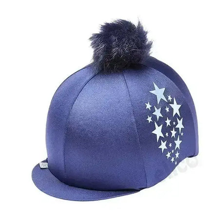 Purple capz starburst navy hat cover with white star decals and dark fuzzy pom-pom made of lycra material