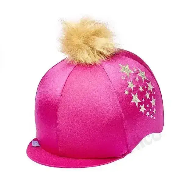 Pink satin capz starburst pink equestrian helmet cover with silver stars and gold pom-pom top for riding fun