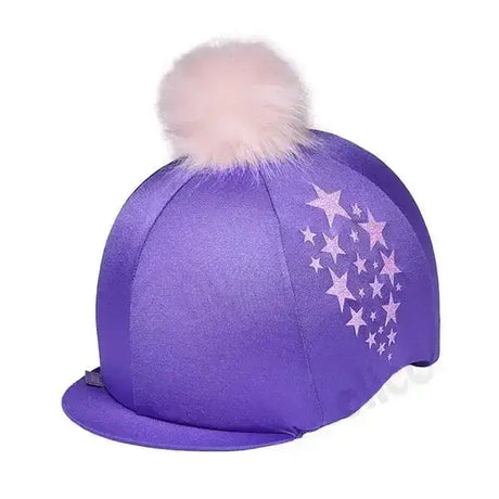 Purple capz starburst equestrian helmet cover with colour co-ordinating sparkly stars and fluffy pink pom-pom on top