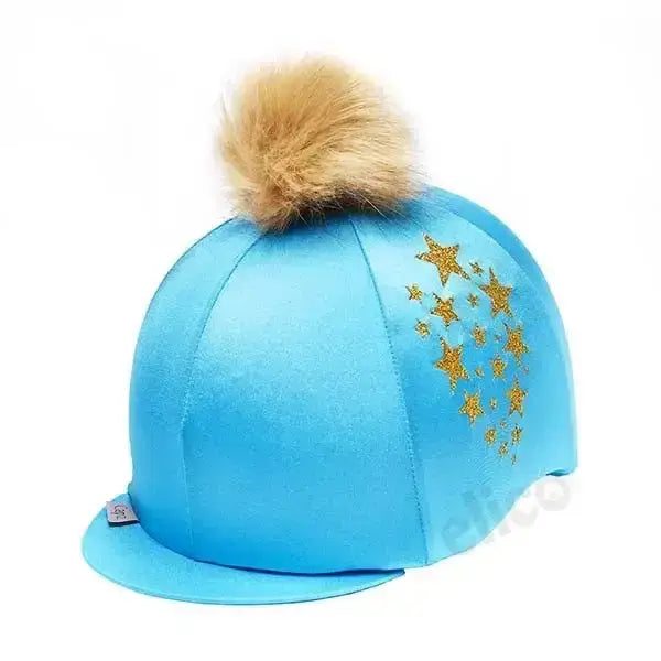 Bright blue satin capz starburst turquoise equestrian helmet cover with gold stars and tan pom-pom topper