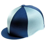 A navy and light blue striped satin capz two-tone cap cover made of smooth lycra for versatile equestrian use
