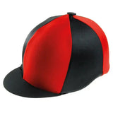 Red and black striped capz two-tone cap cover made of lycra for versatile equestrian helmet protection