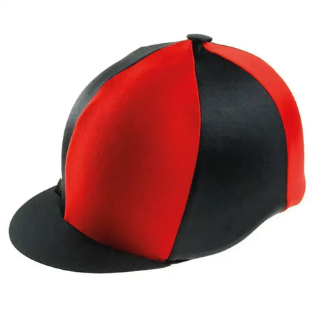 Red and black striped capz two-tone cap cover made of lycra for versatile equestrian helmet protection