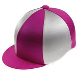 A vibrant magenta and silver striped satin finish capz two-tone cap cover made from versatile lycra material